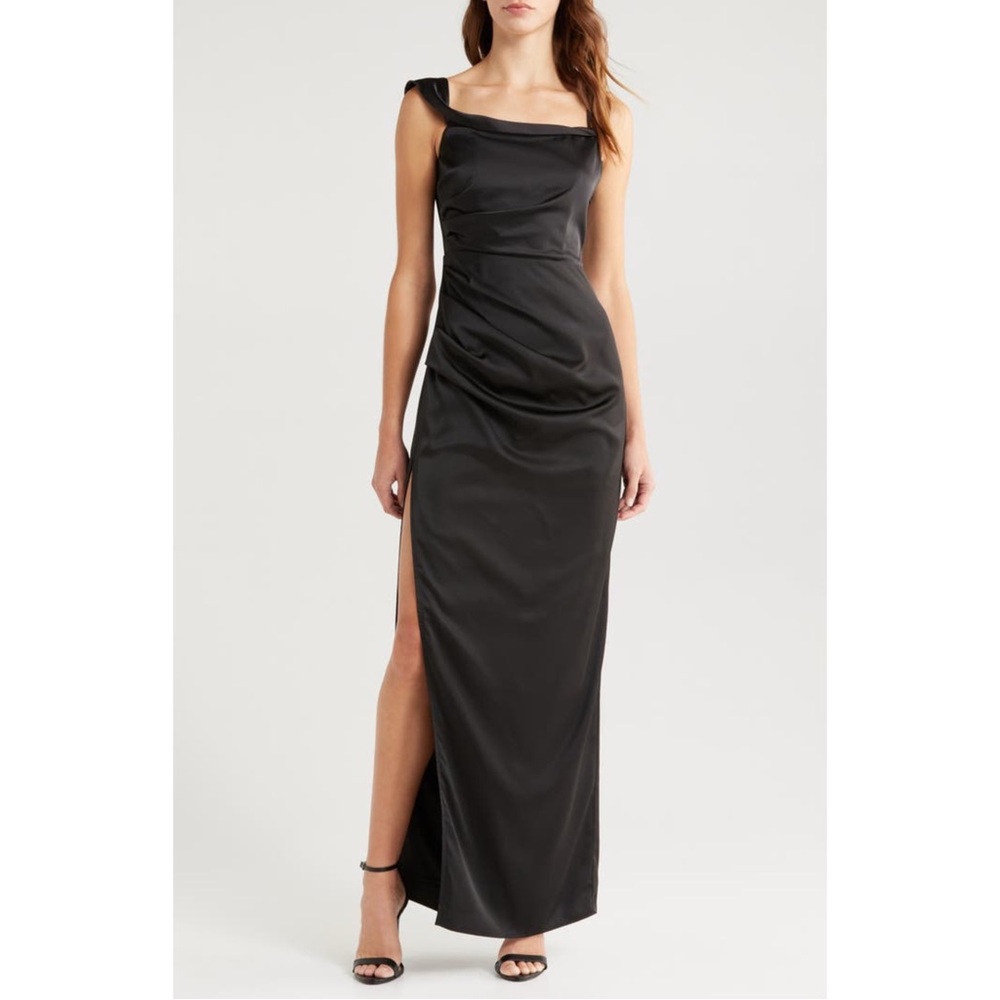 Lush Love Black Satin Asymmetrical High Slit Off-the-Shoulder Dress Size Large